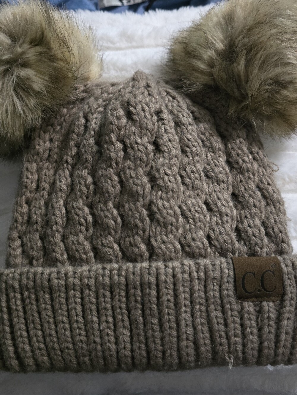 C.C Womens Cable Knit Double Pom Beanie - Taupe